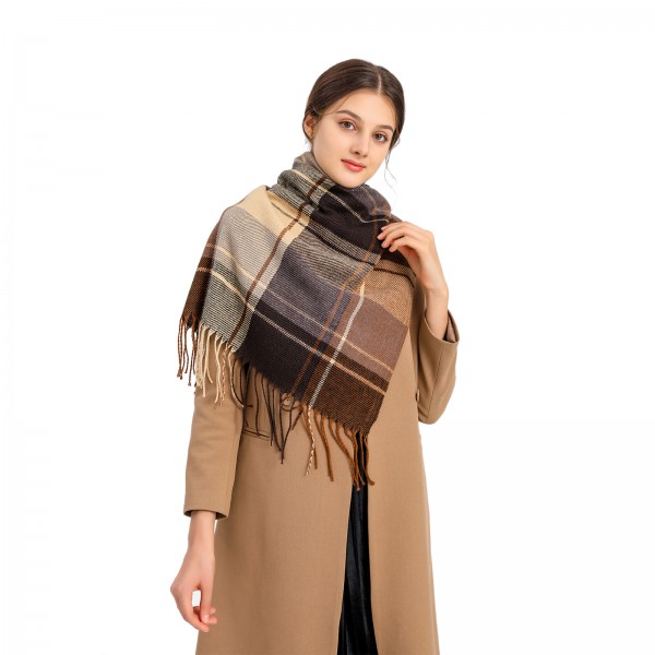 S6430 - Women Fashion Long Shawl Grid Tassel Winter Warm Lattice Large Scarf - Brown